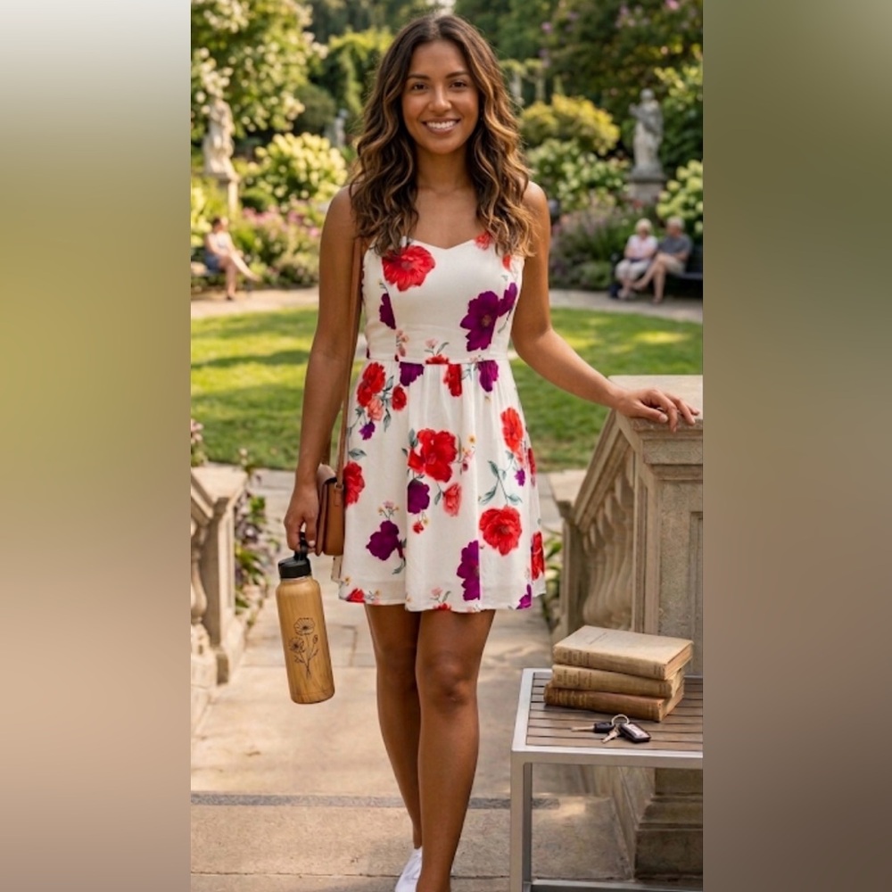 Old Navy White Mini Dress with Red & Purple Floral Print